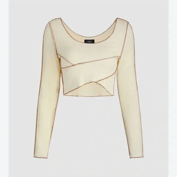 Cider cotton ribbed beige stiching long sleeve cropped top sz S nwot 006 - Picture 1 of 7